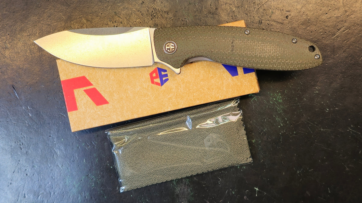Petrified Fish Terra Flipper Green Micarta Stonewashed D2 Blade