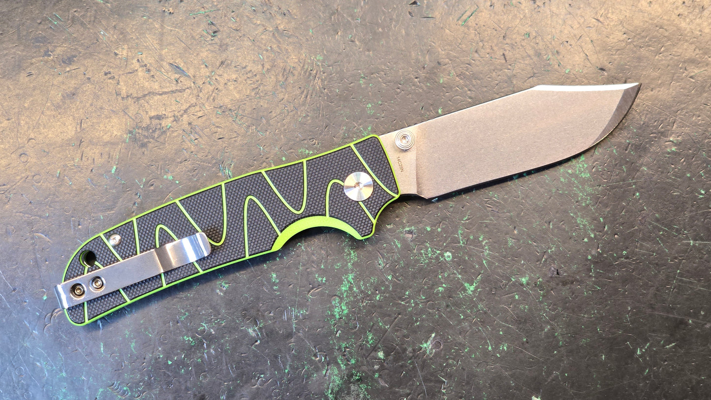 QSP Kali Button Lock Folding Knife 3.25" 14C28N Stonewashed Clip Point Blade, Black and Neon Green Milled G10 Handles (OPEN BOX)