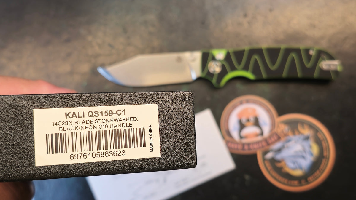 QSP Kali Button Lock Black/Neon Green Milled G10 Handles 14C28N Blade