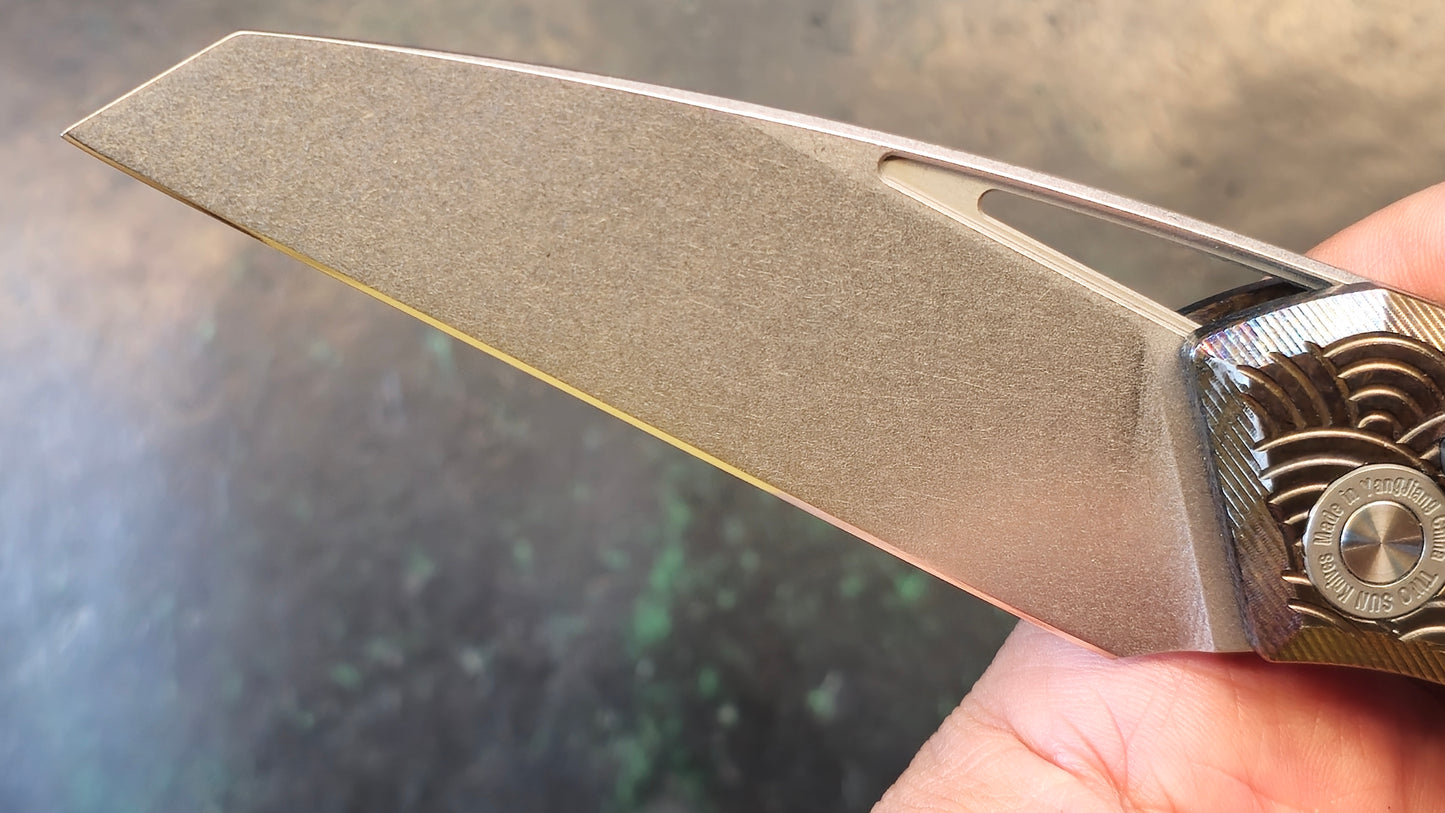 TwoSun TS193 D2 Color Button Lock D2 TC4 Anodized Titanium Big Folding Knife (CLOSEOUT - USED)
