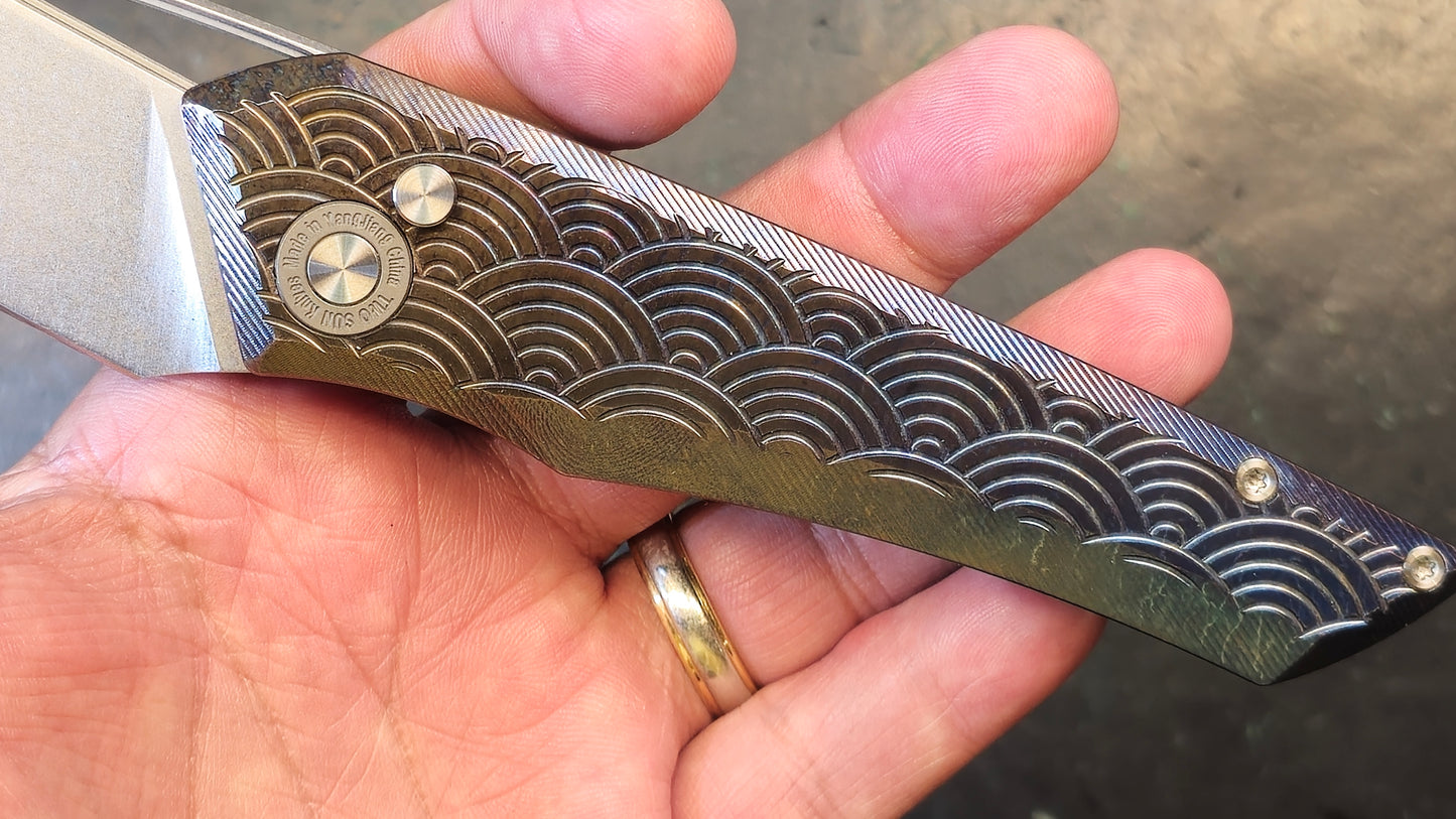 TwoSun TS193 D2 Color Button Lock D2 TC4 Anodized Titanium Big Folding Knife (CLOSEOUT - USED)