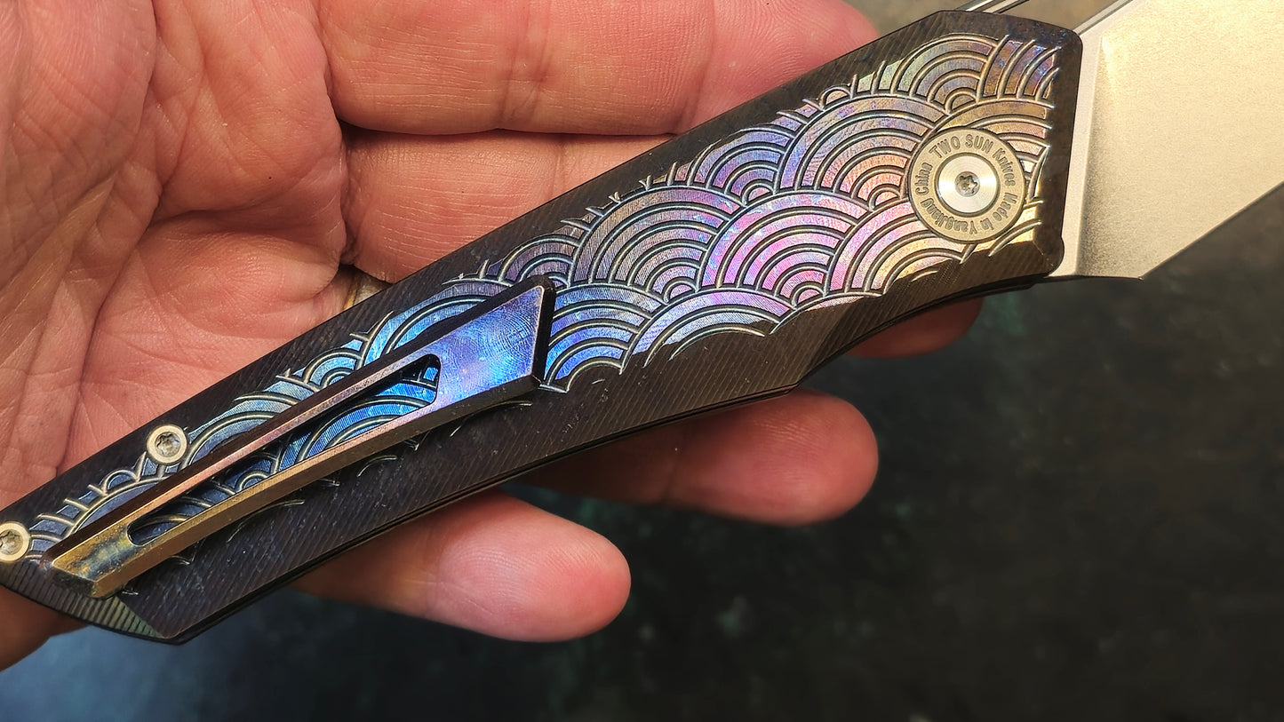 TwoSun TS193 D2 Color Button Lock D2 TC4 Anodized Titanium Big Folding Knife (CLOSEOUT - USED)