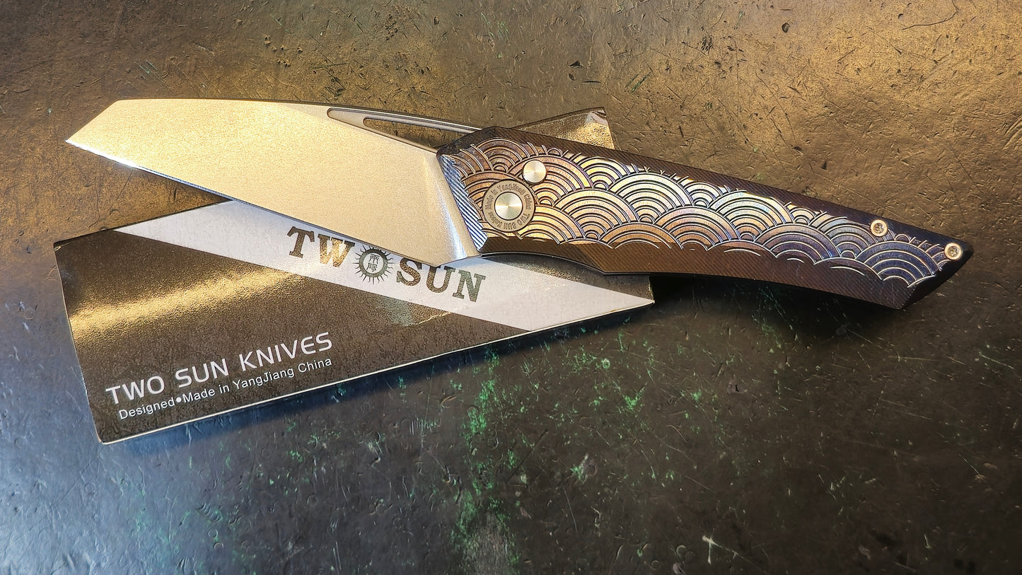 TwoSun TS193 D2 Color Button Lock D2 TC4 Anodized Titanium Big Folding Knife (CLOSEOUT - USED)