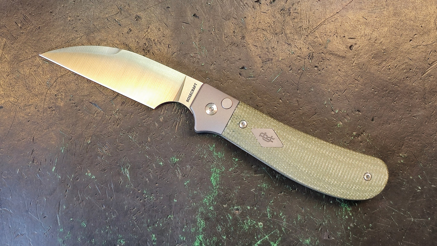 Rosecraft Clinch River Button Green Micarta M390 Wharncliffe Plain Edge Satin (CLOSEOUT)