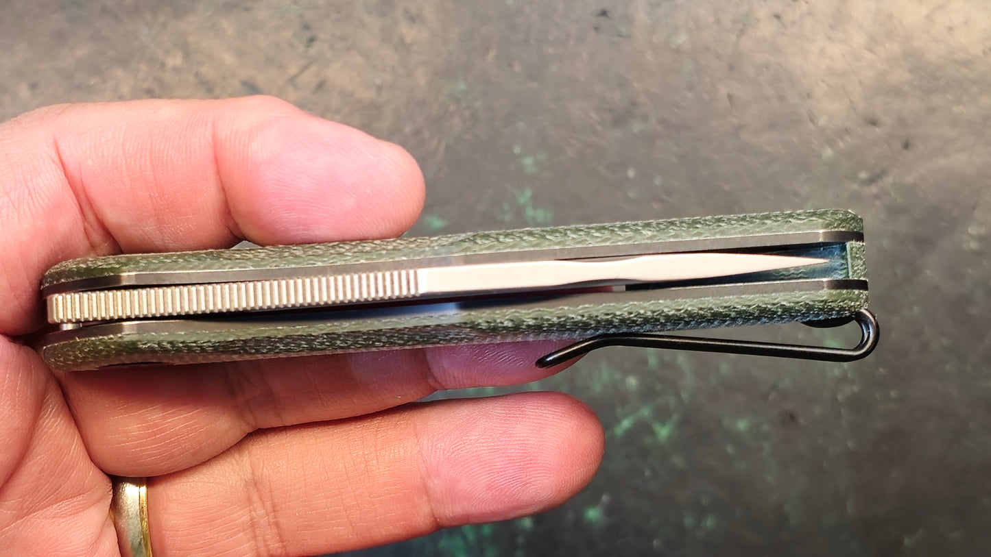 Trivisa Antliae-04GM Button Lock Green Micarta Handle 14C28N Plain Edge Stonewash (CLOSEOUT - OPEN BOX)