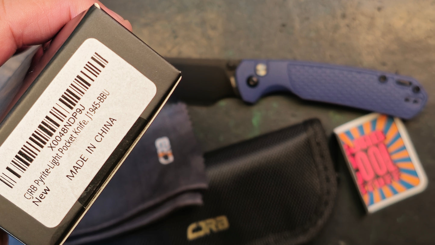 CJRB Pyrite-Light Folding Knife Blue FRN Handle AR-RPM9 Wharncliffe Plain Black Blade (CLOSEOUT)