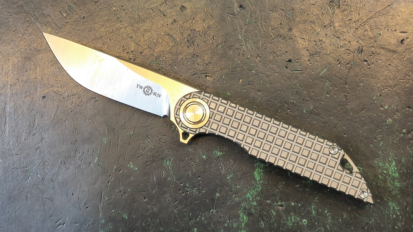 TwoSun TS308 Folding Knife Gray Titanium Handle M390 Plain Edge (NEW)