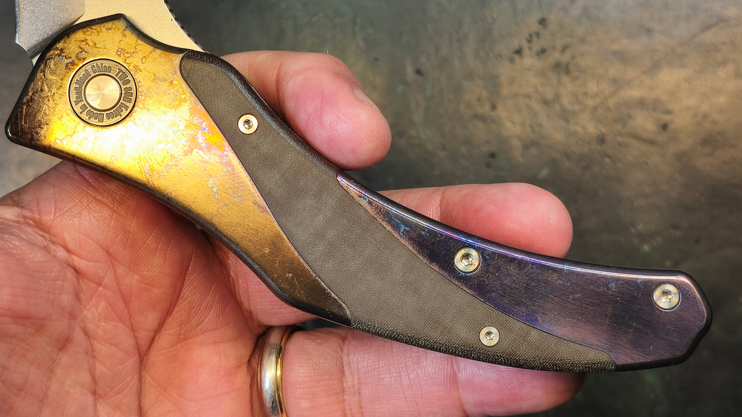 TwoSun TS348 Color Titanium/ Black Linen Micarta Handle D2 Clip Point Plain Edge (NEW)