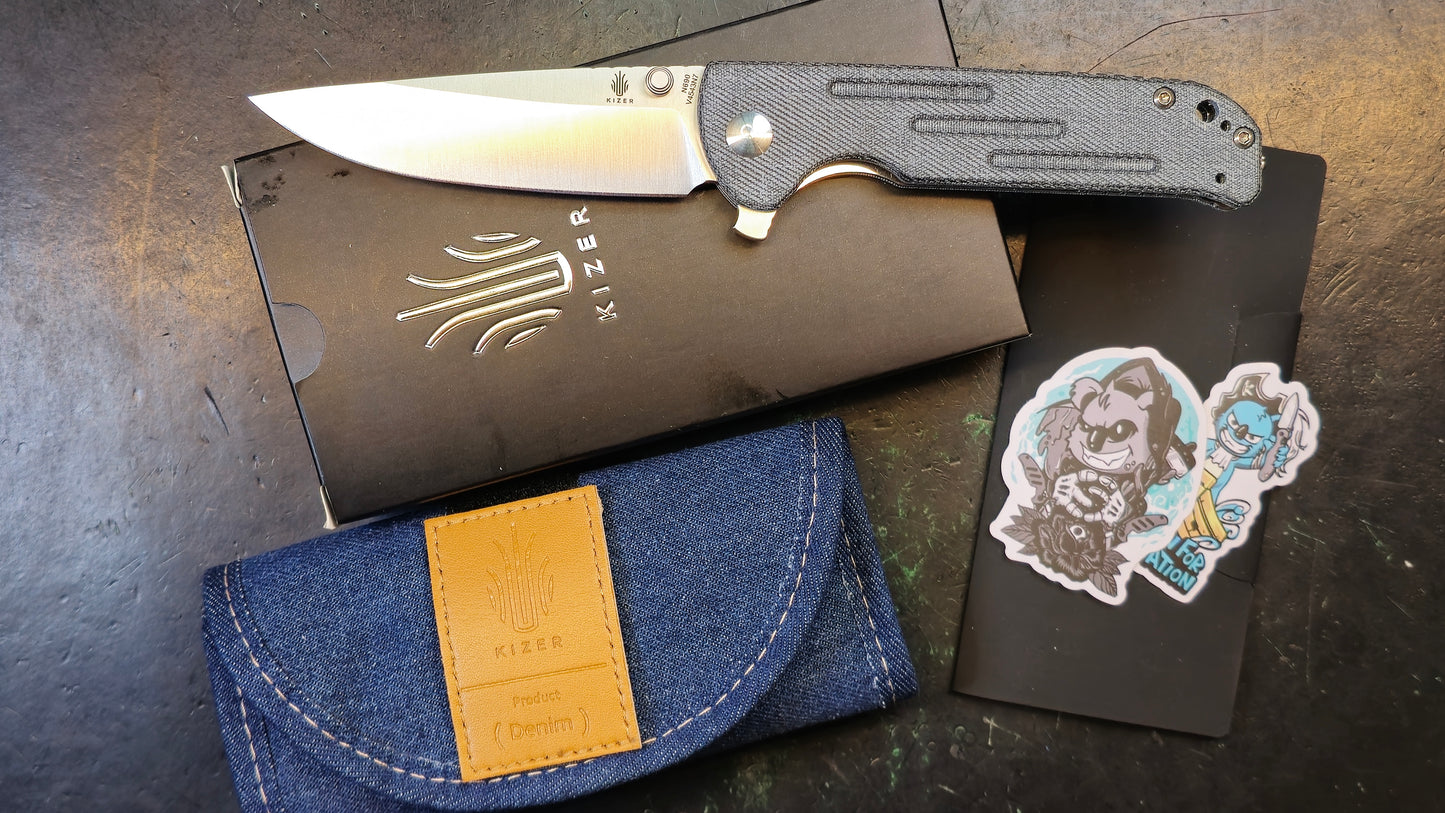 Kizer Justice Folding Knife Blue Micarta Handle N690 Drop Point Plain Edge Satin Finish (OPEN BOX - CLOSEOUT)