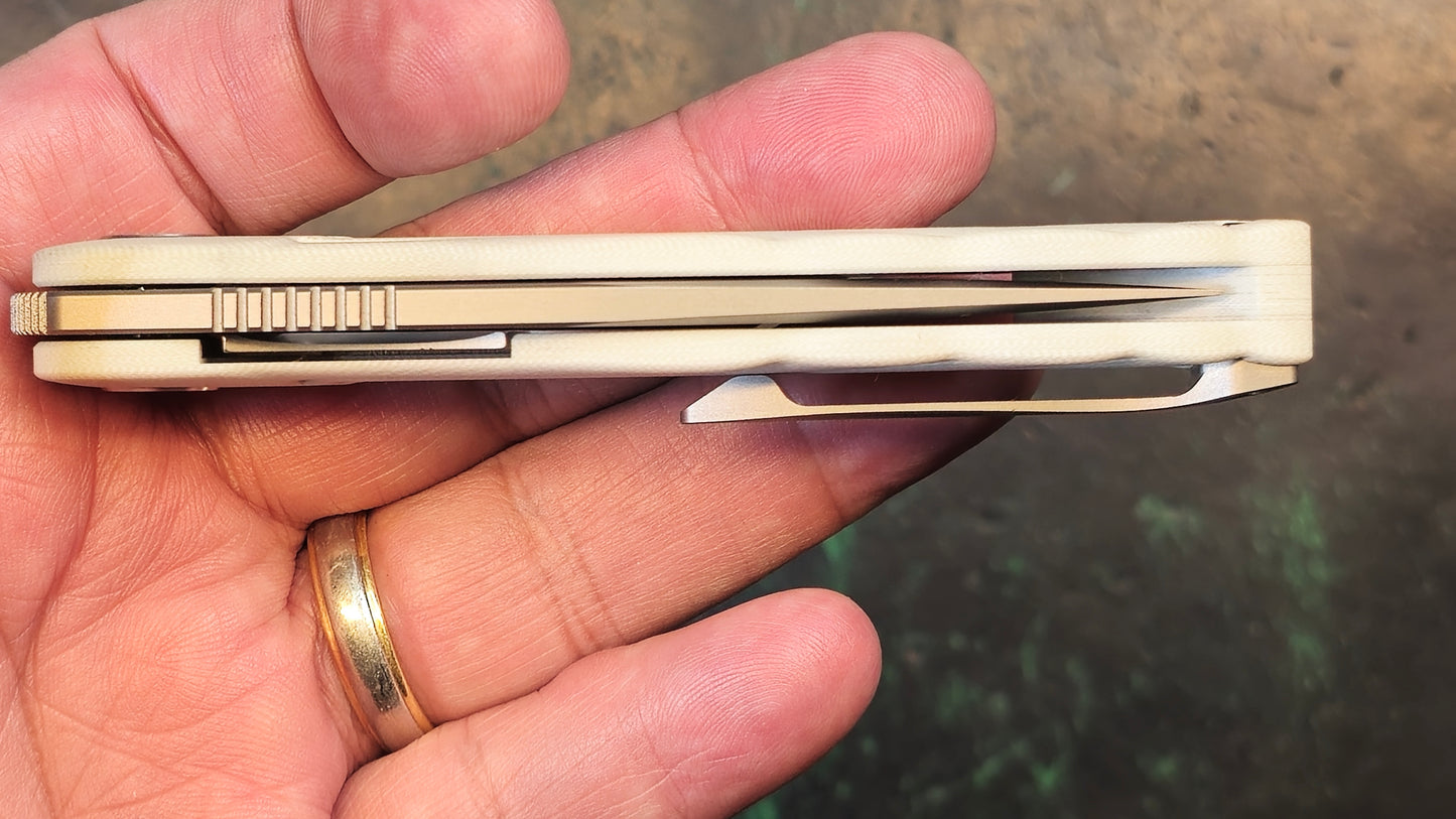 Petrified Fish Nightingale Front Flipper White G10 Handle 14C28N Plain Edge (NEW - CLOSEOUT)