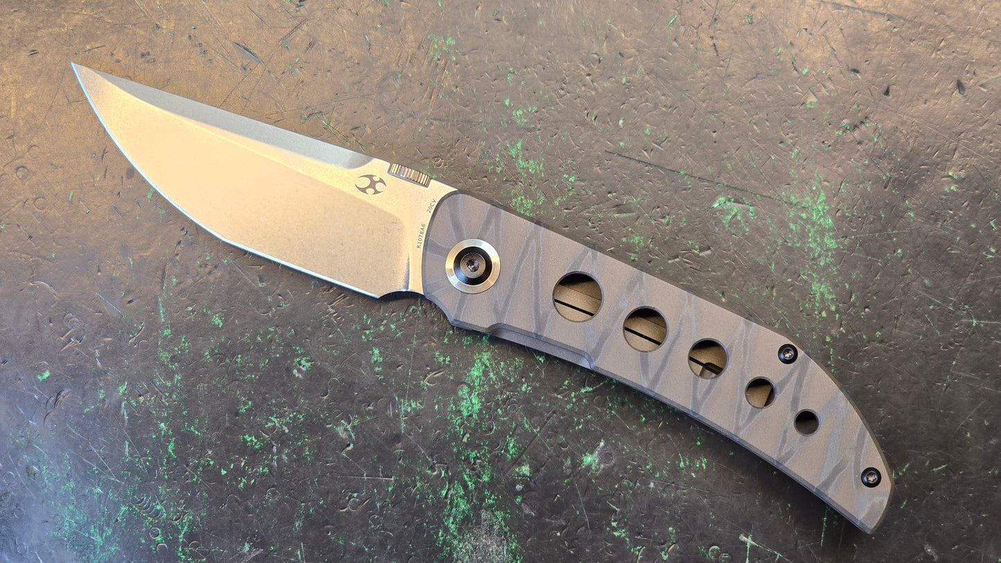 KANSEPT Tarkin Frame Lock Tiger Stripe Flamed Titanium w/Holes Handle (3.36'' 20CV Blade) Matthew Christensen Design (NEW - OPEN BOX)