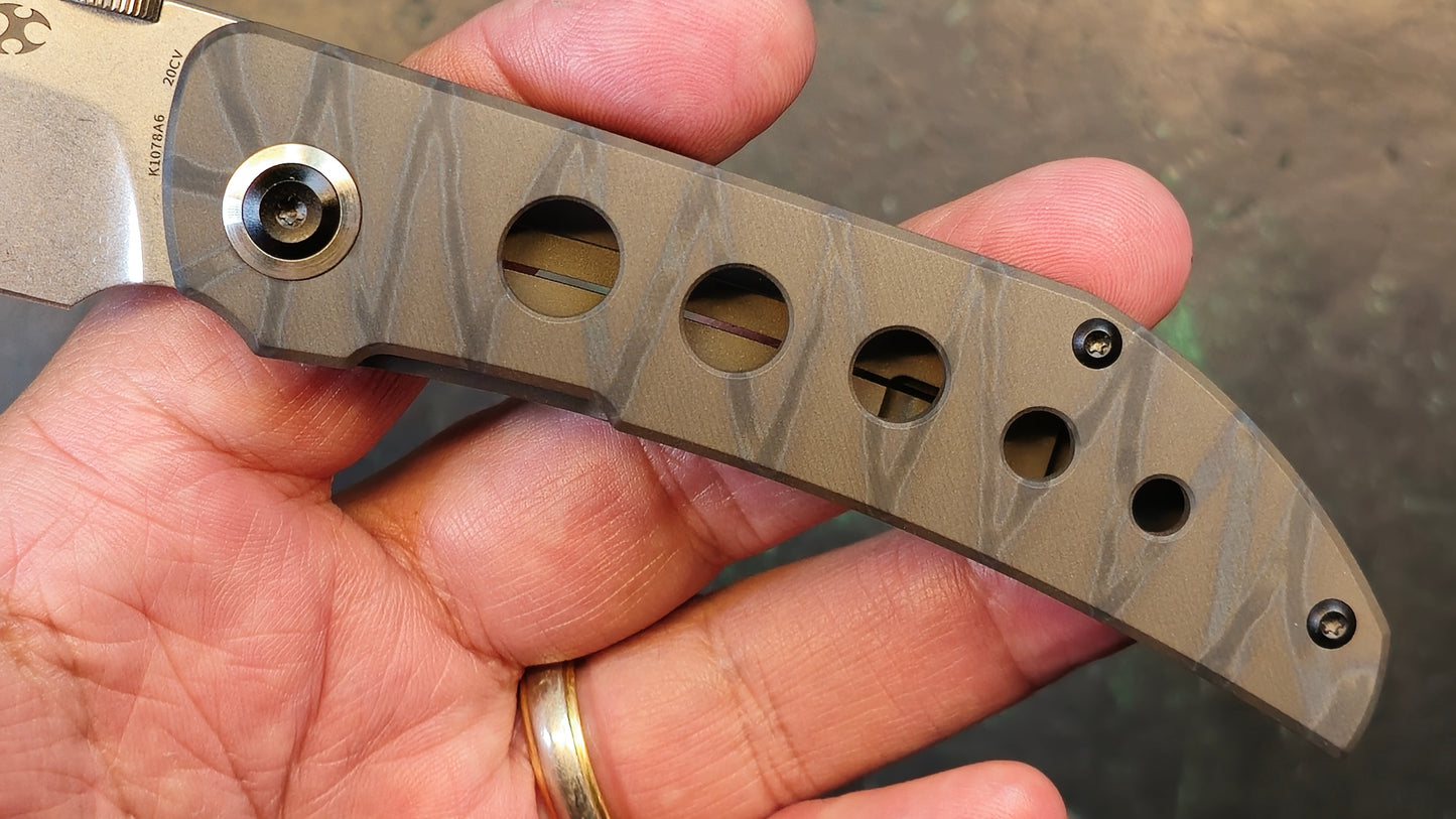 KANSEPT Tarkin Frame Lock Tiger Stripe Flamed Titanium w/Holes Handle (3.36'' 20CV Blade) Matthew Christensen Design (NEW - OPEN BOX)