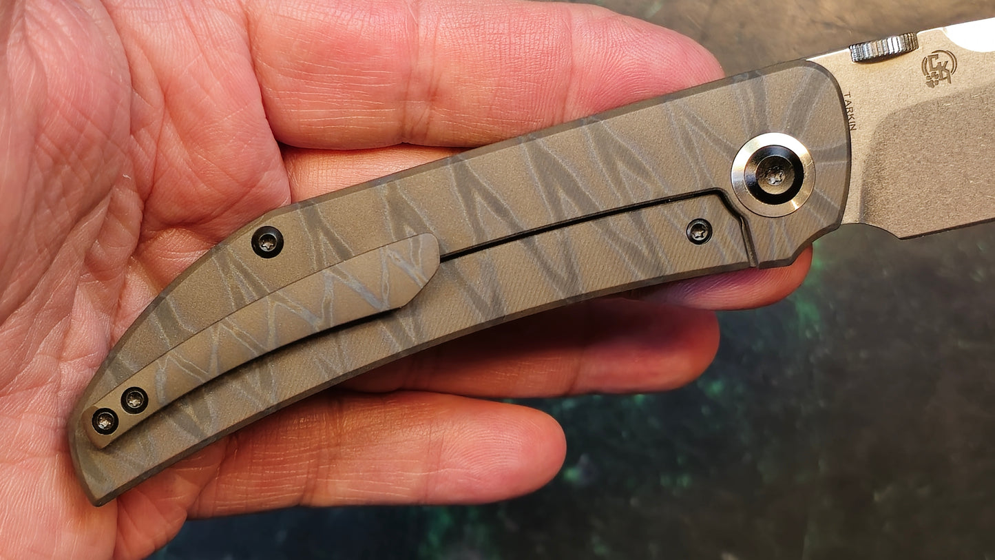 KANSEPT Tarkin Frame Lock Tiger Stripe Flamed Titanium w/Holes Handle (3.36'' 20CV Blade) Matthew Christensen Design (NEW - OPEN BOX)