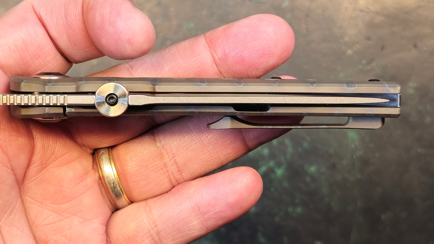 KANSEPT Tarkin Frame Lock Tiger Stripe Flamed Titanium w/Holes Handle (3.36'' 20CV Blade) Matthew Christensen Design (NEW - OPEN BOX)