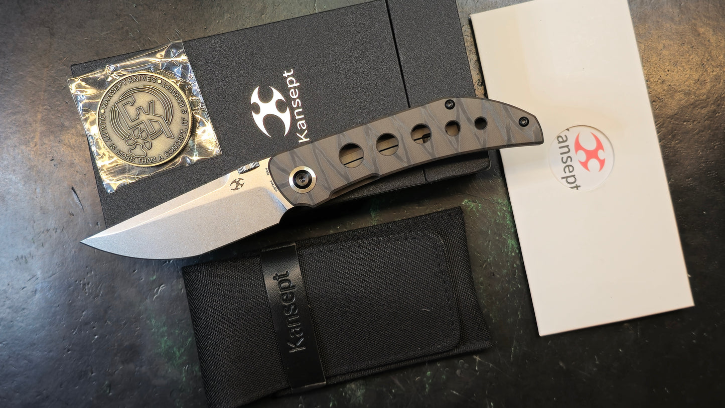 KANSEPT Tarkin Frame Lock Tiger Stripe Flamed Titanium w/Holes Handle (3.36'' 20CV Blade) Matthew Christensen Design (NEW - OPEN BOX)