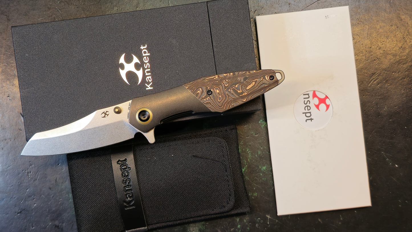 Kansept Mistaken Folding Knife Titanium/Twill Carbon Fiber Handle 20CV Plain Edge Satin Finish (NEW - OPEN BOX)