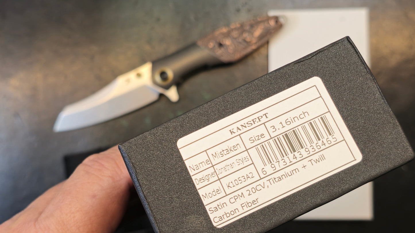 Kansept Mistaken Folding Knife Titanium/Twill Carbon Fiber Handle 20CV Plain Edge Satin Finish (NEW - OPEN BOX)