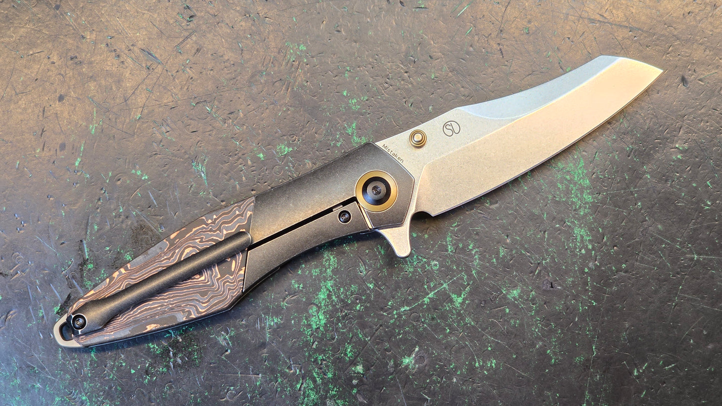 Kansept Mistaken Folding Knife Titanium/Twill Carbon Fiber Handle 20CV Plain Edge Satin Finish (NEW - OPEN BOX)