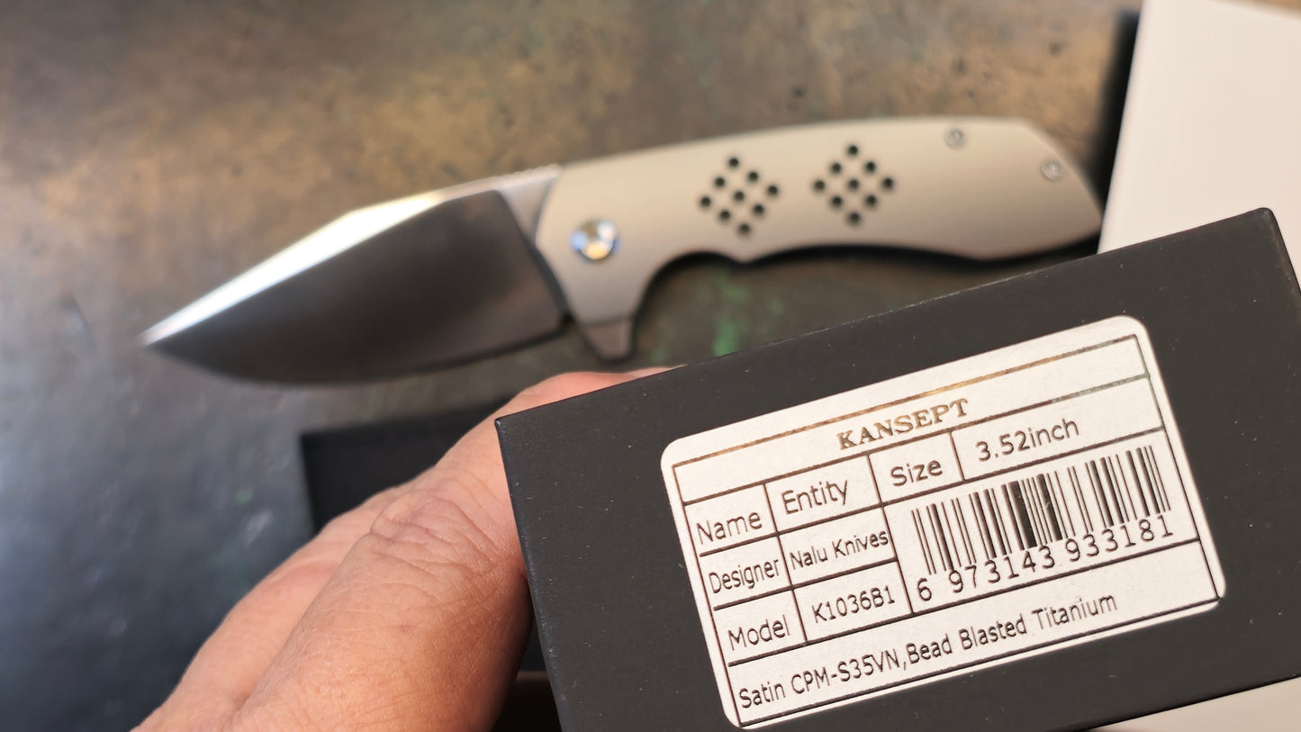 Kansept Entity Bead Blast Titanium Handle S35VN Plain Edge Satin Finish (NEW - OPEN BOX)