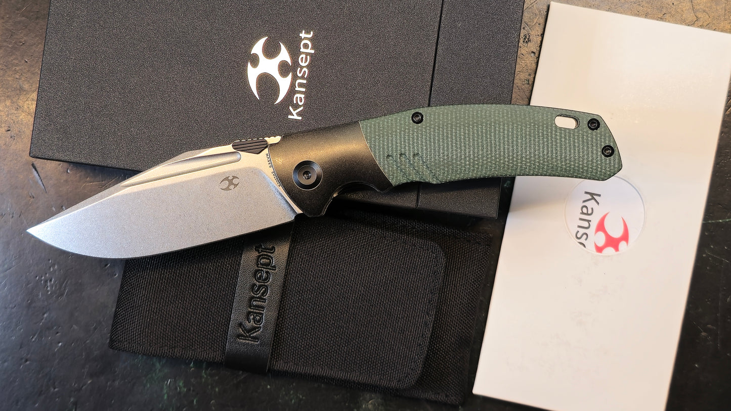Kansept Hinterland Blackwash Titanium/Green Micarta Handle S35VN Plain Edge Stonewash Finish (NEW - OPEN BOX)