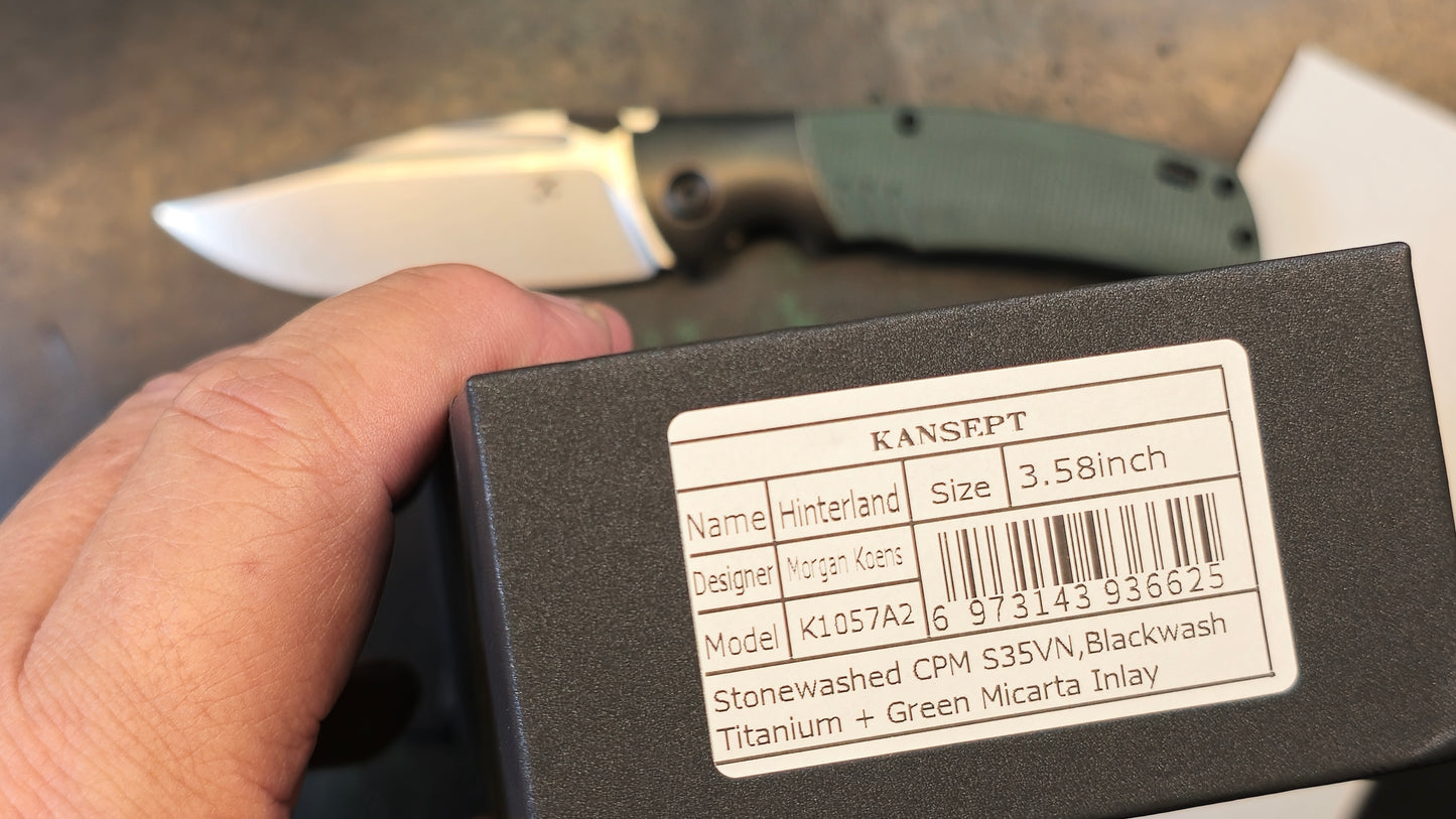 Kansept Hinterland Blackwash Titanium/Green Micarta Handle S35VN Plain Edge Stonewash Finish (NEW - OPEN BOX)