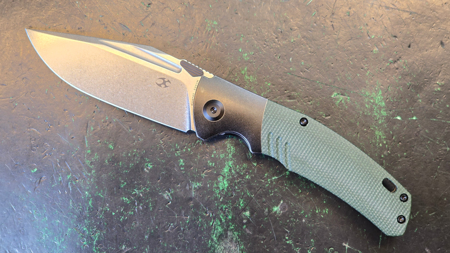 Kansept Hinterland Blackwash Titanium/Green Micarta Handle S35VN Plain Edge Stonewash Finish (NEW - OPEN BOX)