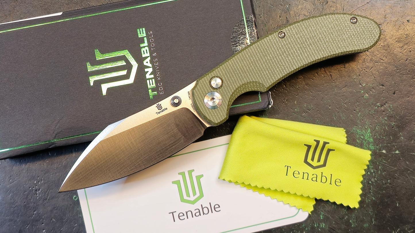 Tenable Nesstreet Button Lock Green Micarta 14C28N Plain Edge (Discount in cart)