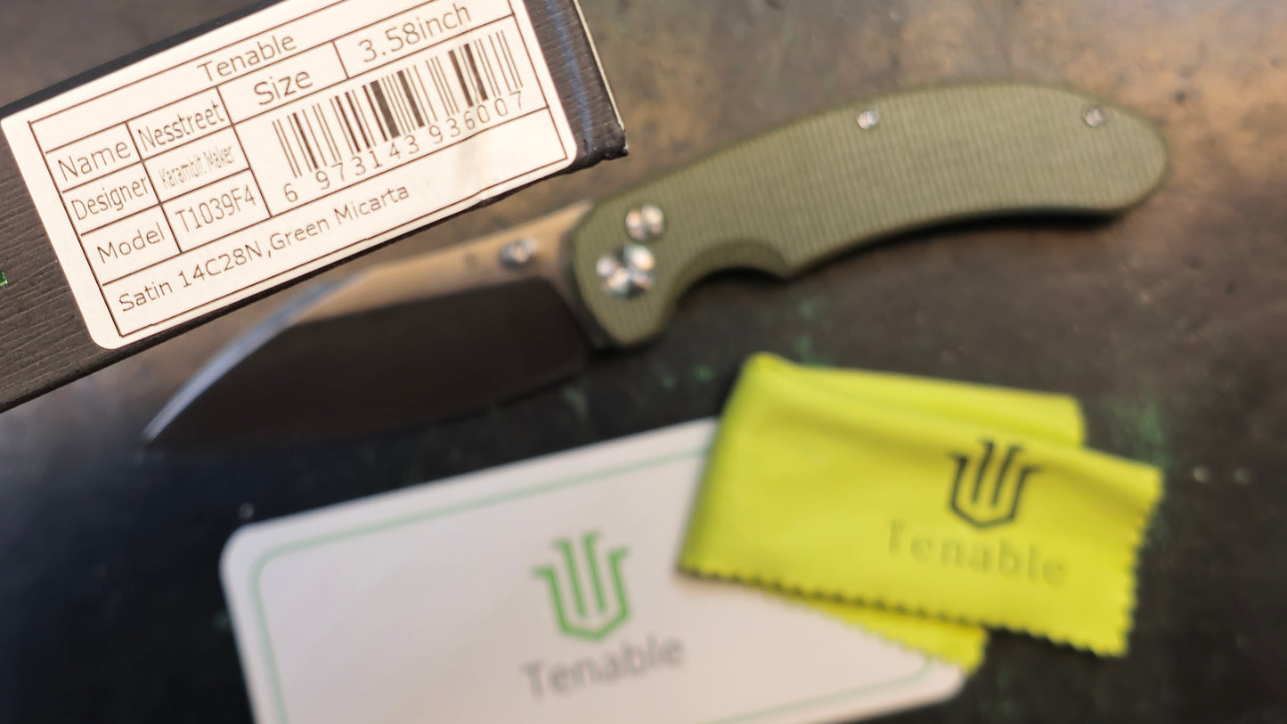 Tenable Nesstreet Button Lock Green Micarta 14C28N Plain Edge (CLOSEOUT)