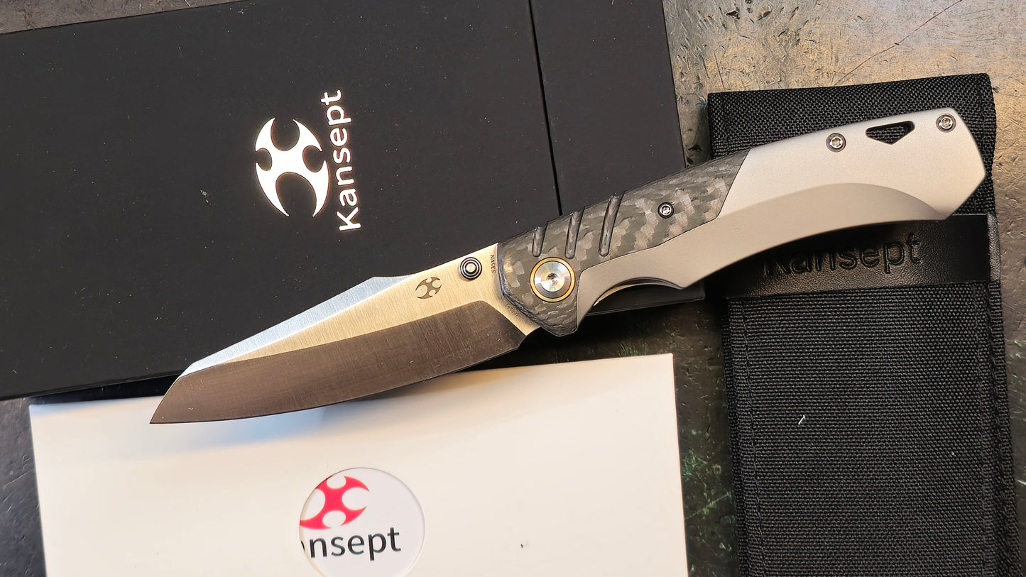 Kansept Weim Black/Gray Titanium/Twill Carbon Fiber S35VN Sheepsfoot (NEW - OPEN BOX))