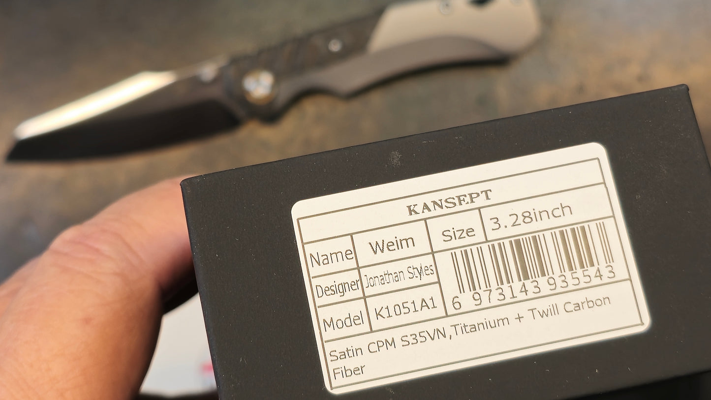 Kansept Weim Black/Gray Titanium/Twill Carbon Fiber S35VN Sheepsfoot (NEW - OPEN BOX))