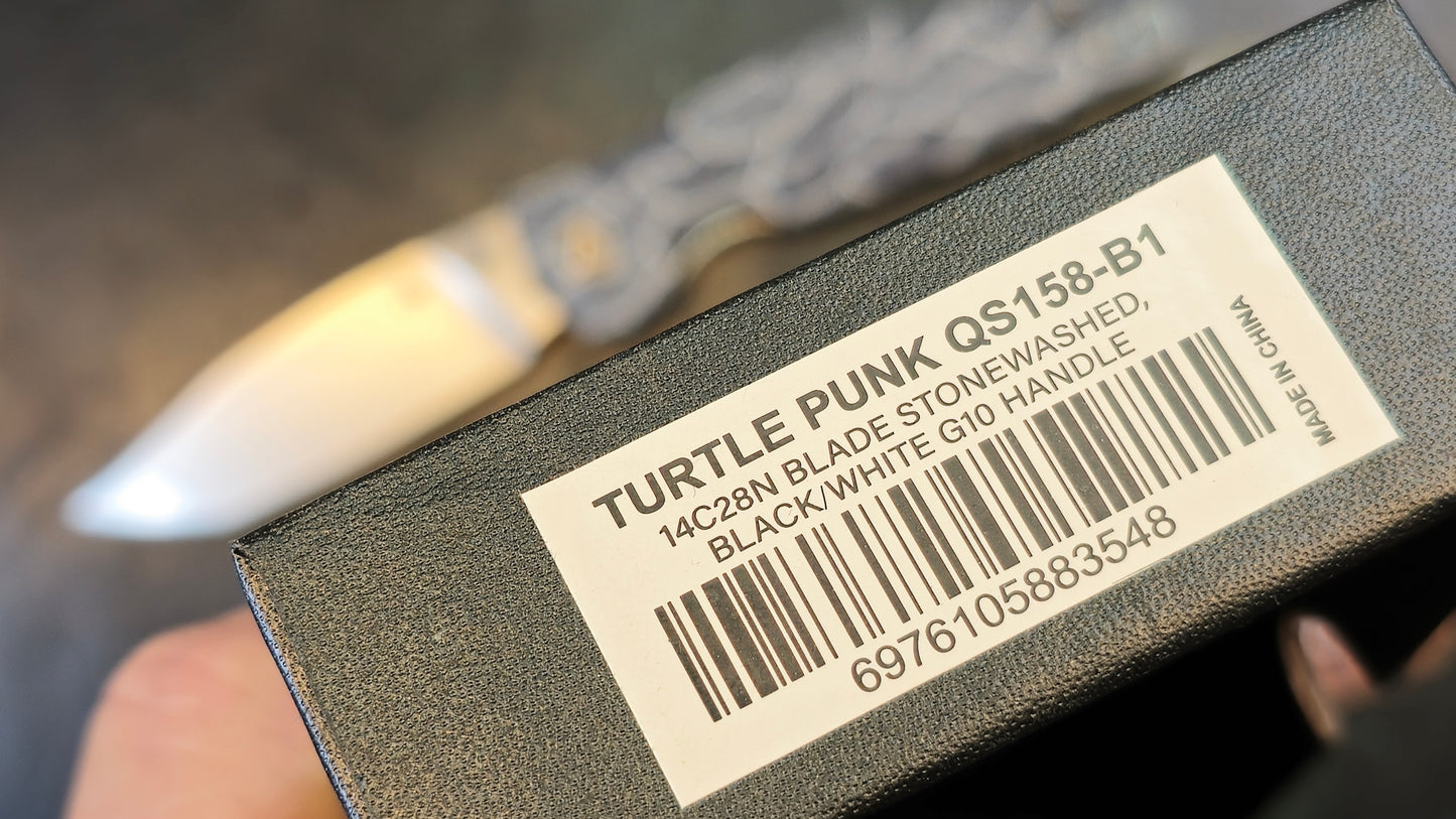 QSP Turtle Punk Black/White G10 Handle 14C28N Plain Edge Stonewash Finish (NEW - OPEN BOX)