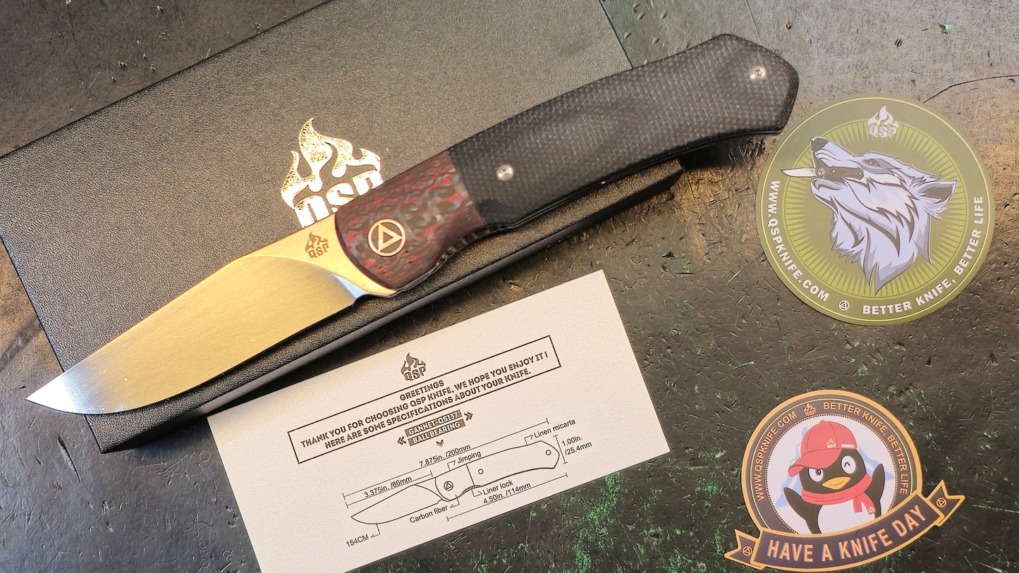 QSP Gannet Front Flipper Red / Black CF W/Micarta Handle 154CM (DISCOUNT IN CART)