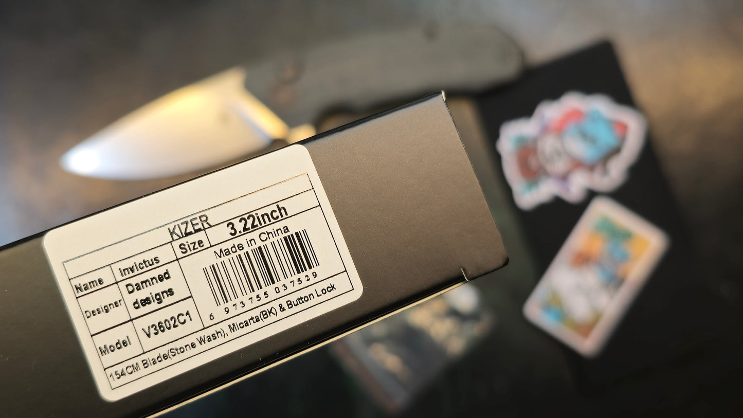 Kizer Invictus Button Lock Black Micarta 154CM Drop Point Stonewash (NEW - OPEN BOX)