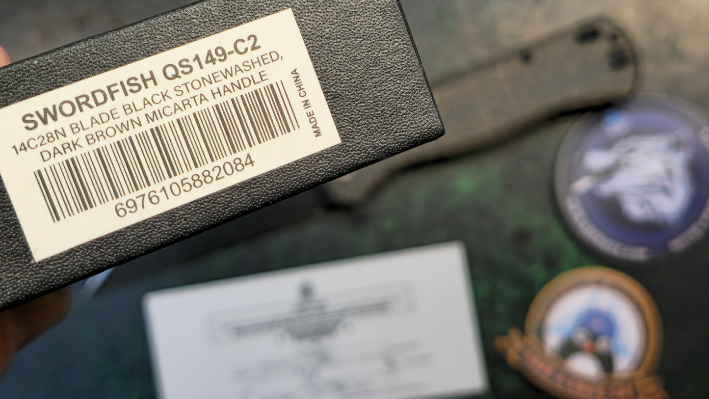 QSP Swordfish Dark Brown Micarta 14C28N Plain Edge Black Stonewash (NEW)