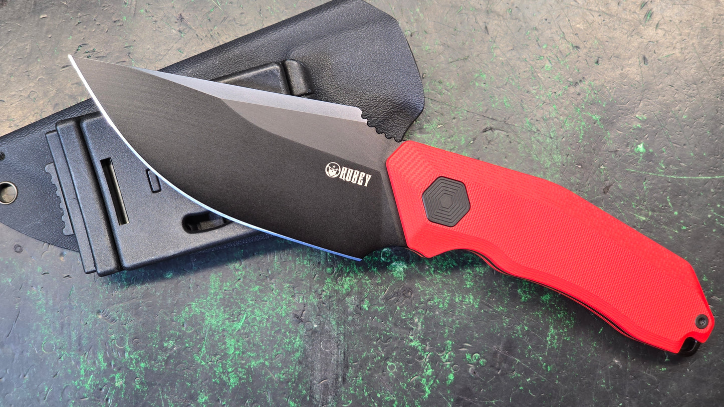 Kubey Basilisk Fixed Blade Knife Red G10 Handle 14C28N Drop Point Plain Edge Blackwash Finish (NEW - OPEN BOX)