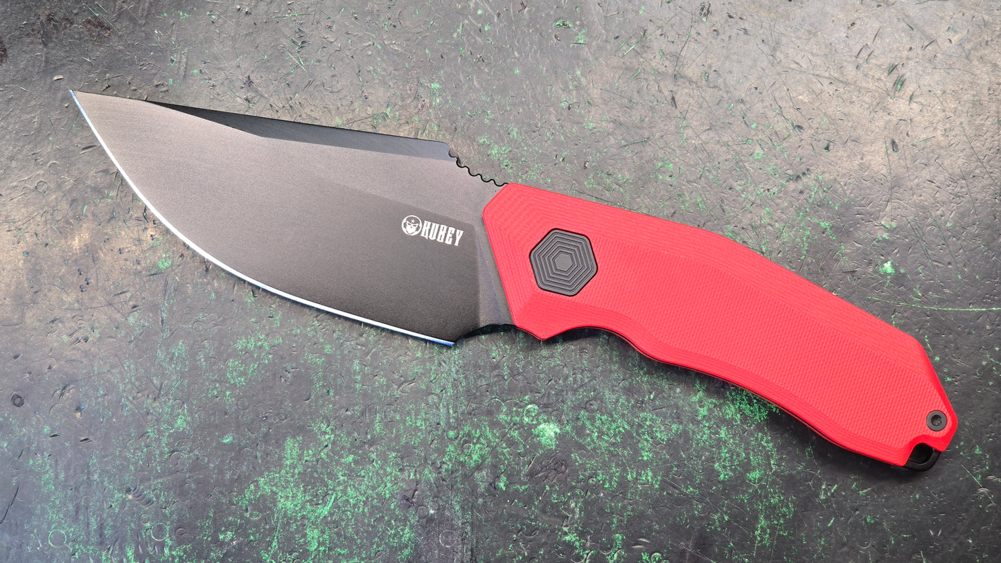 Kubey Basilisk Fixed Blade Knife Red G10 Handle 14C28N Drop Point Plain Edge Blackwash Finish (NEW - OPEN BOX)