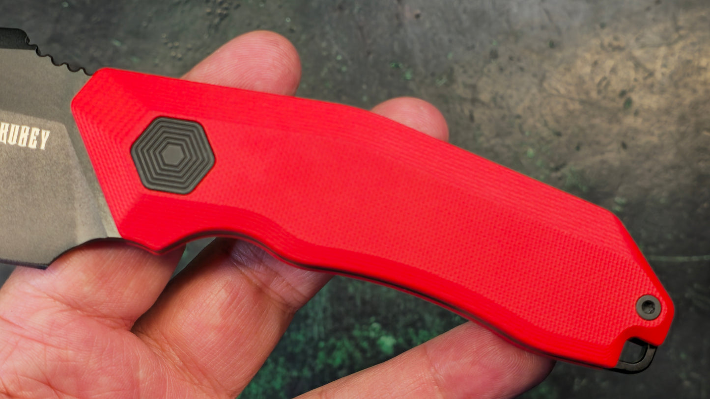 Kubey Basilisk Fixed Blade Knife Red G10 Handle 14C28N Drop Point Plain Edge Blackwash Finish (NEW - OPEN BOX)