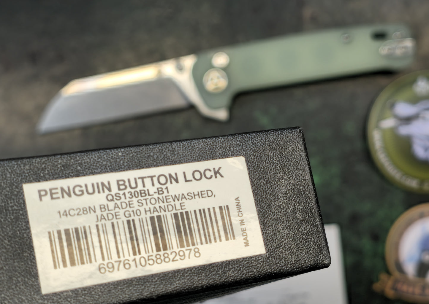 QSP Penguin Button Lock Folding Knife Jade G10 Handle 14C28N (NEW - OPEN BOX)