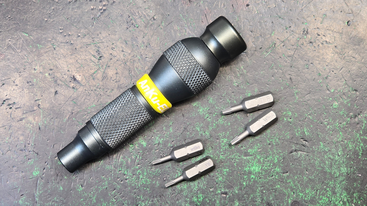 Bit driver (KIT) with WIHA BITS (2 - T6) & (2 -T8) accepts 1/4" bits ATTN: (RANDOM BAND COLOR)