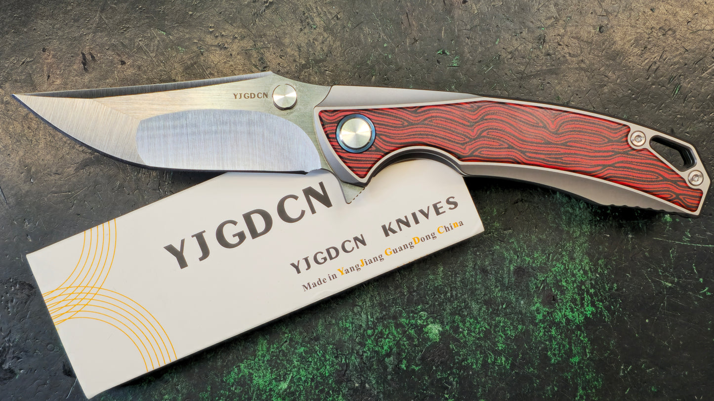 YJGDCN RIHE Design 10Cr15Mov Blade TC4 Titanium Inlay G10 KNIFE CN020-red (NEW - OPEN BOX)