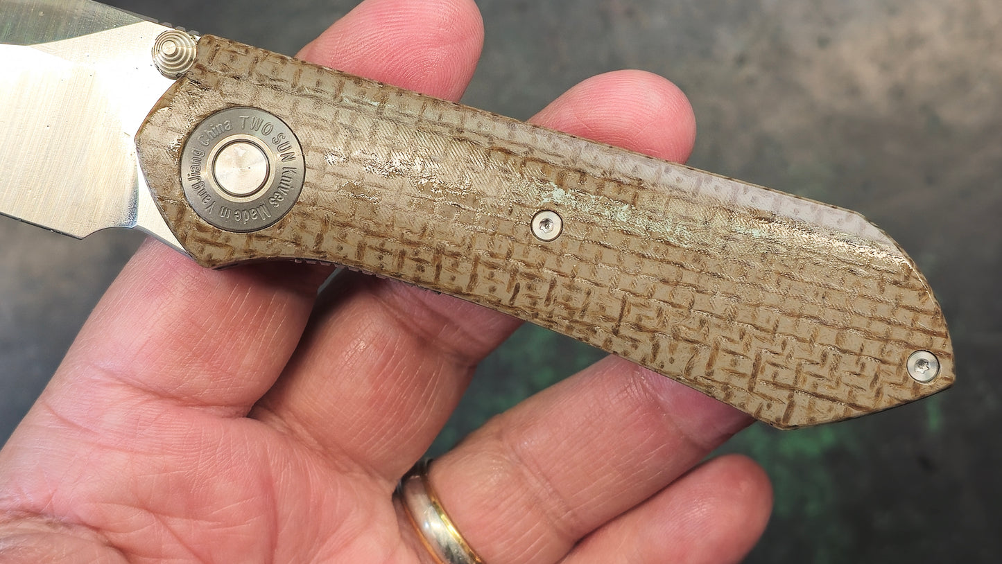 TwoSun TS334 14C28N Linen Micarta Handle Plain Edge (NEW)