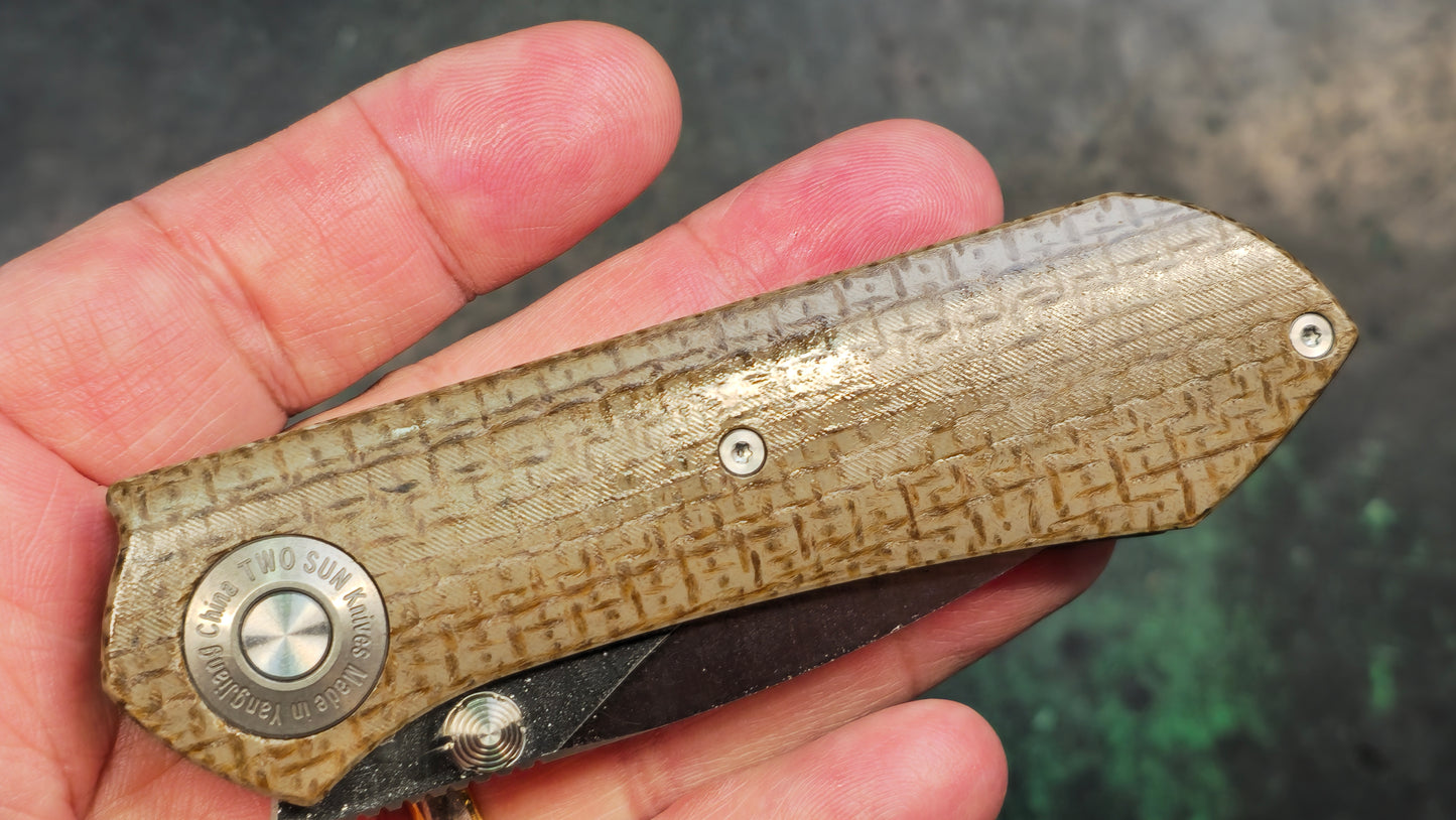 TwoSun TS334 14C28N Linen Micarta Handle Plain Edge (NEW)