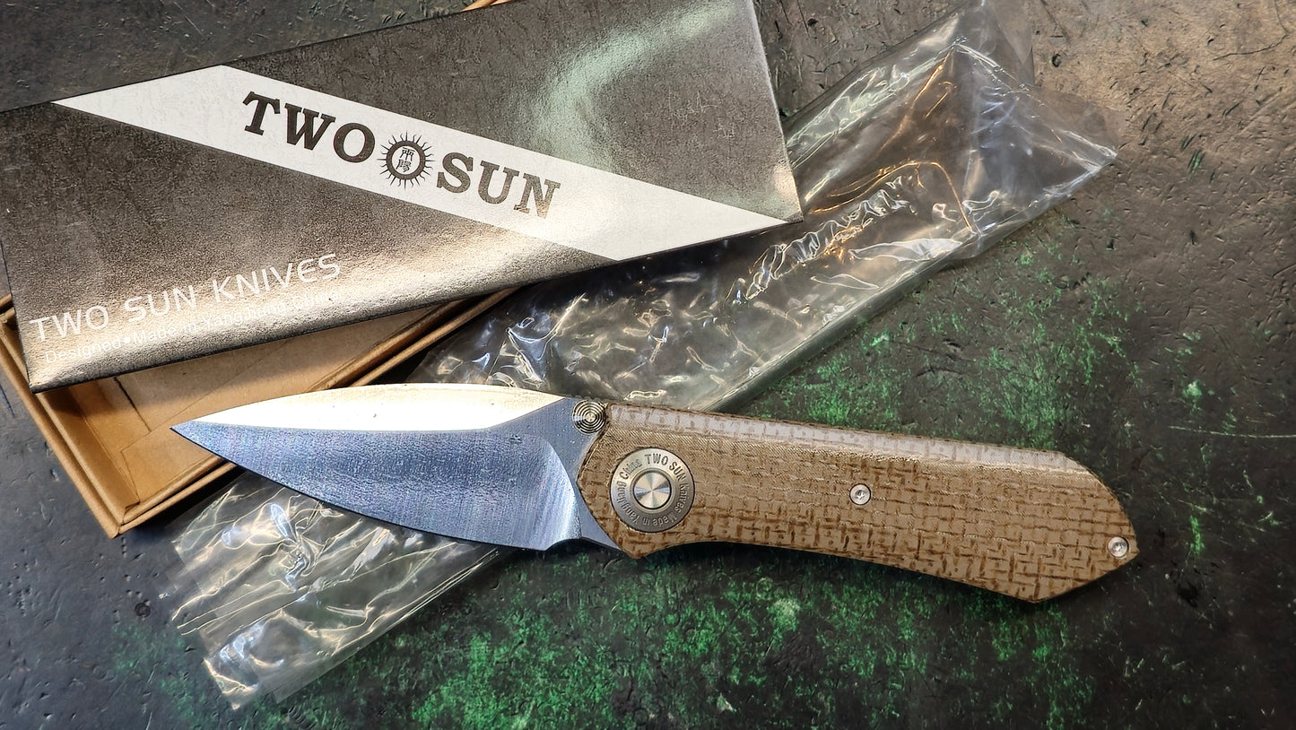 TwoSun TS334 14C28N Linen Micarta Handle Plain Edge (NEW)