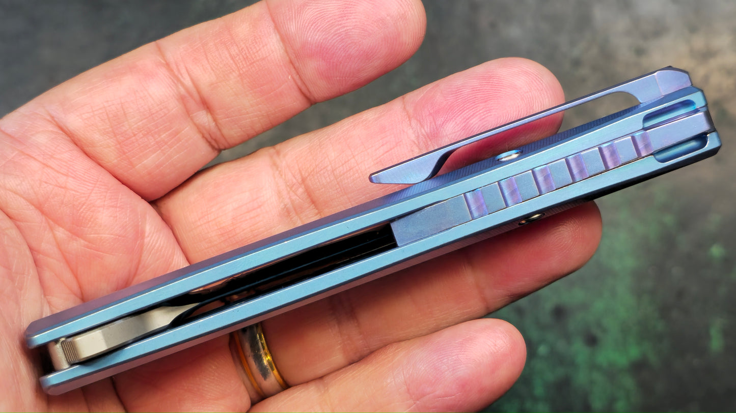 TwoSun TS39 Blue Titanium Handle M390 Plain Edge (NEW)