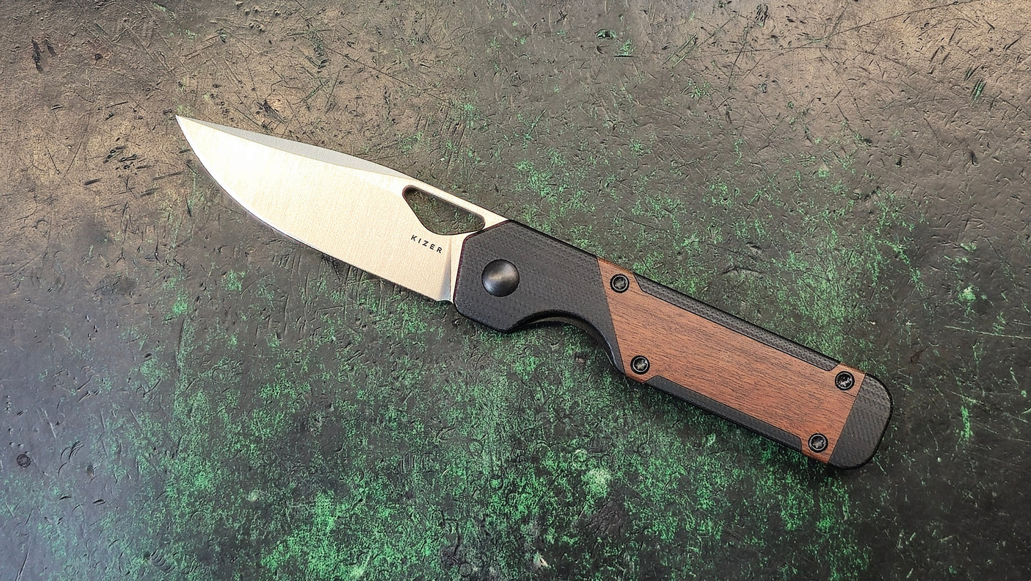 Kizer Mini Militaw Folding Knife G10/Mkuruti Wood Handle Nitro-V (NEW - OPEN BOX)
