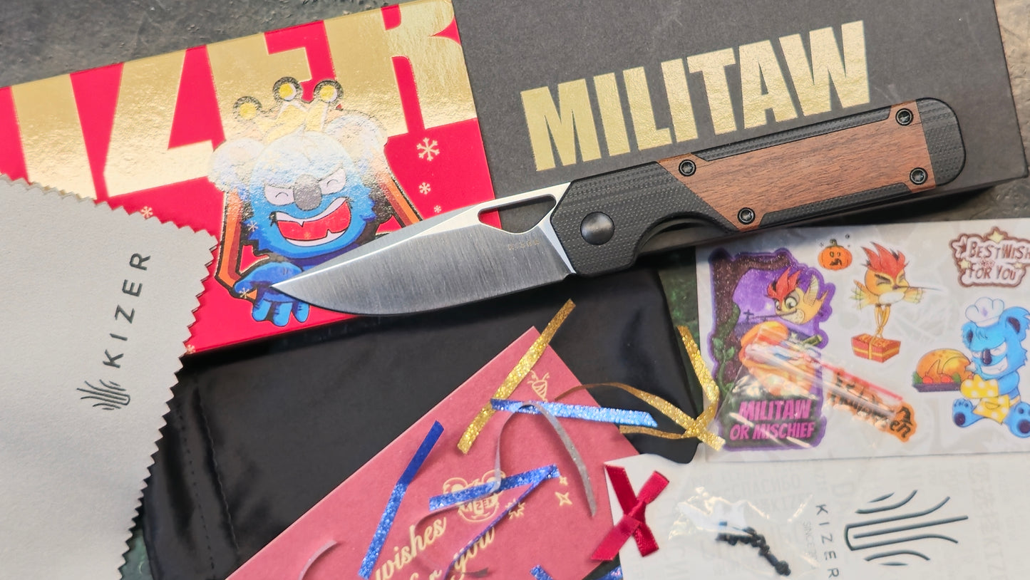 Kizer Mini Militaw Folding Knife G10/Mkuruti Wood Handle Nitro-V (NEW - OPEN BOX)