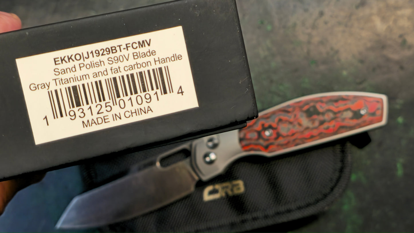 CJRB Ekko Titanium/Fat Carbon Inlay Handle S90V Plain Edge Stonewash Finish (NEW - OPEN BOX)