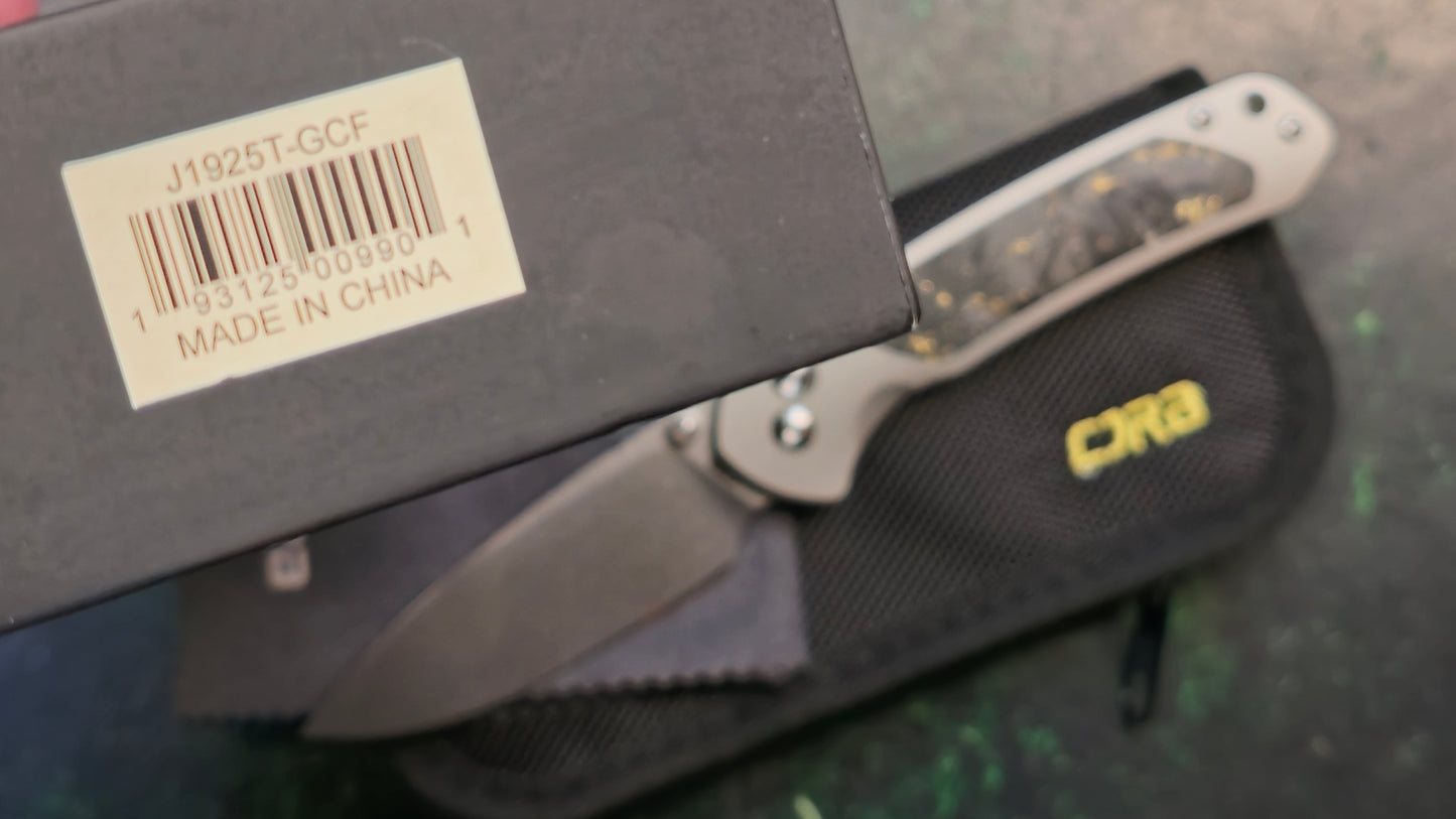 CJRB Pyrite Titanium/Gold Flake Carbon Fiber S90V Drop Point Plain Edge Stonewash (USED - LNIB)