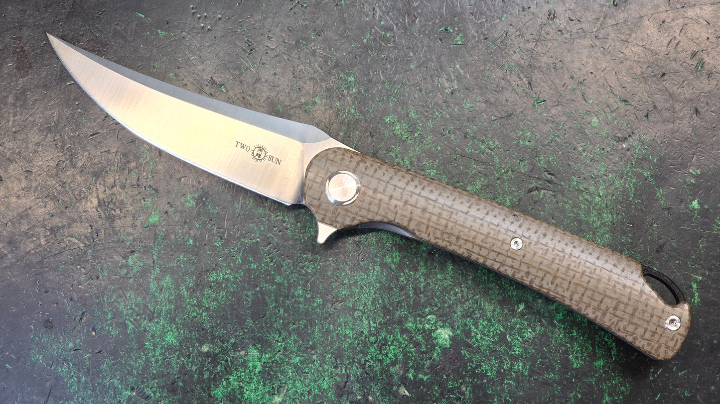 TWOSUN TS159 Brown Linen Micarta Handle D2 Plain Edge (NEW)