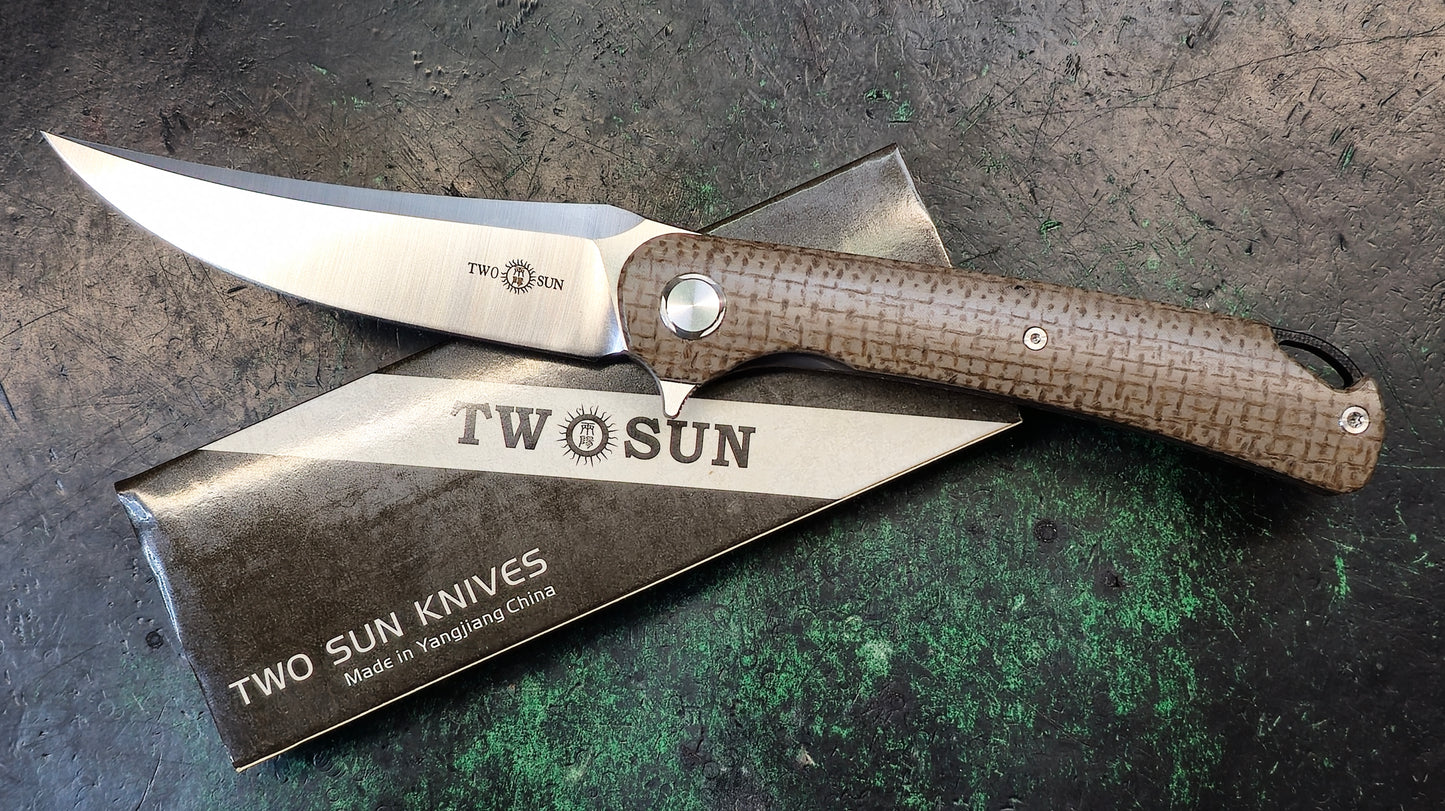 TWOSUN TS159 Brown Linen Micarta Handle D2 Plain Edge (NEW)